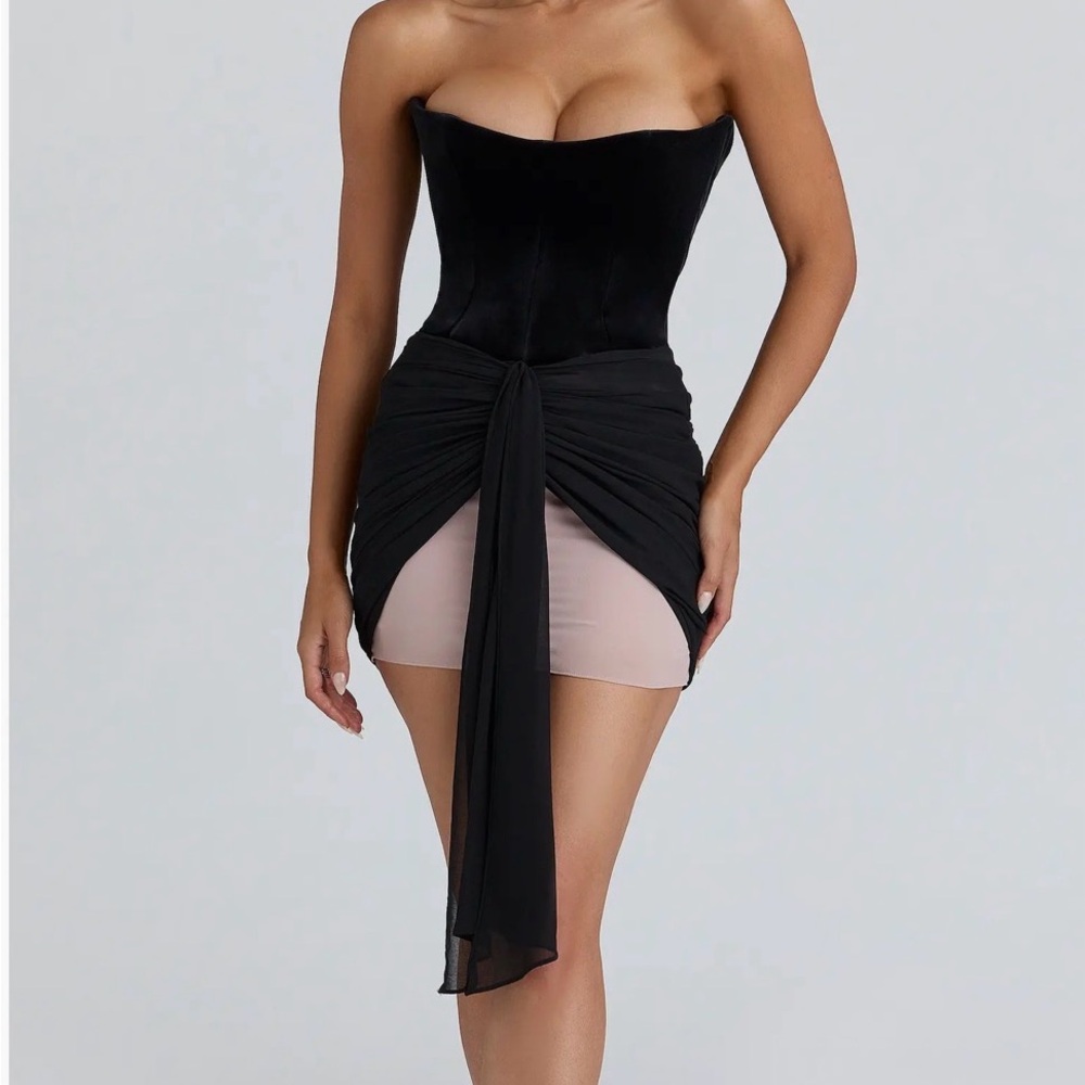 House of CB Black Ruched Tie-Front Mini with Nude Underlayer